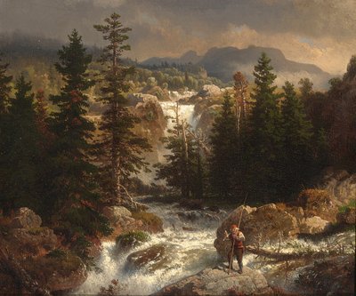 A Fisherman Inspects His Catch by a Wild Stream by Andreas Achenbach